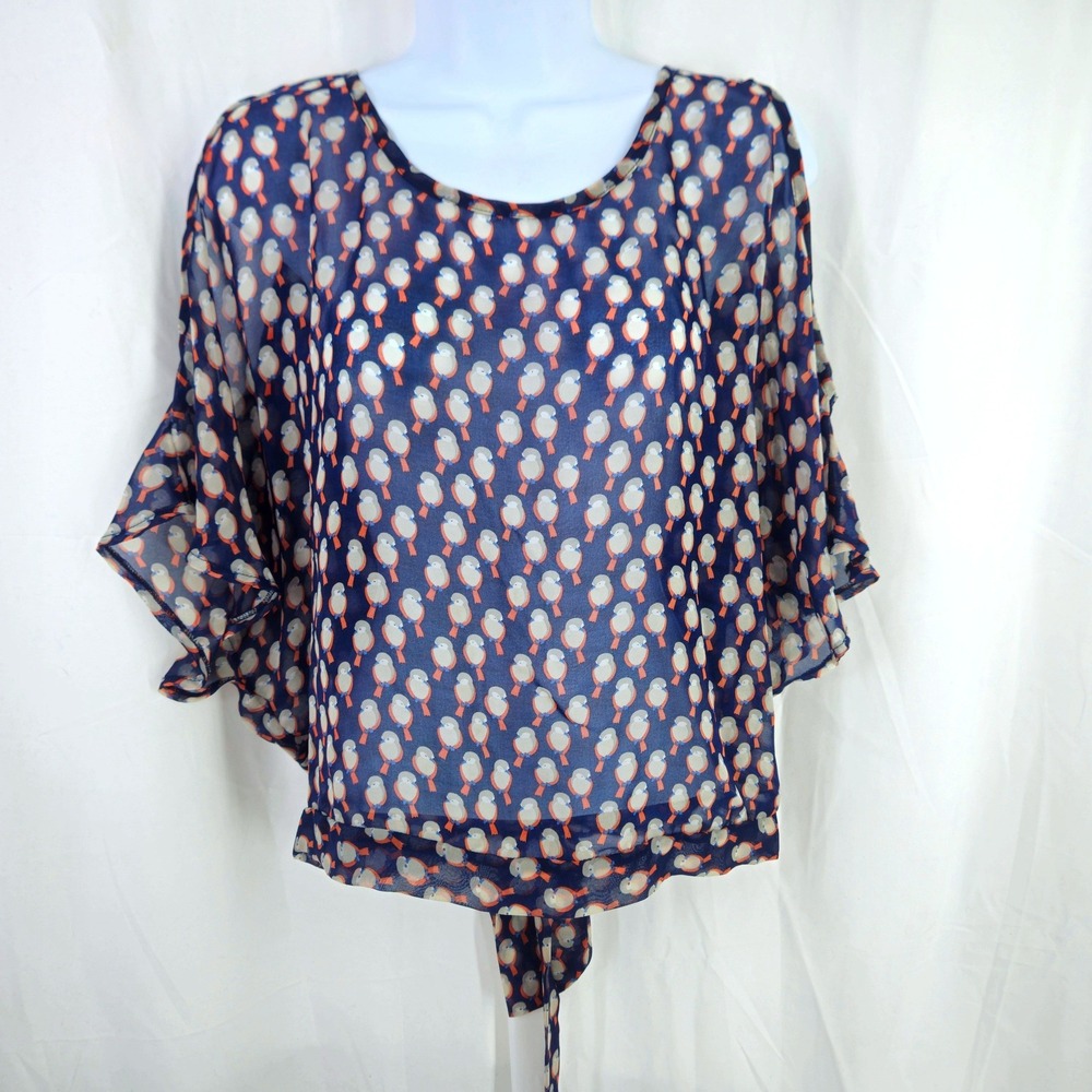 YA Los Angeles Bird Print Cold Shoulder Top Blue Medium Flutter Sleeve Open Back